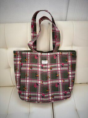 Petit Sézane limited edition quilted cotton tote olive green plaid floral NWOT